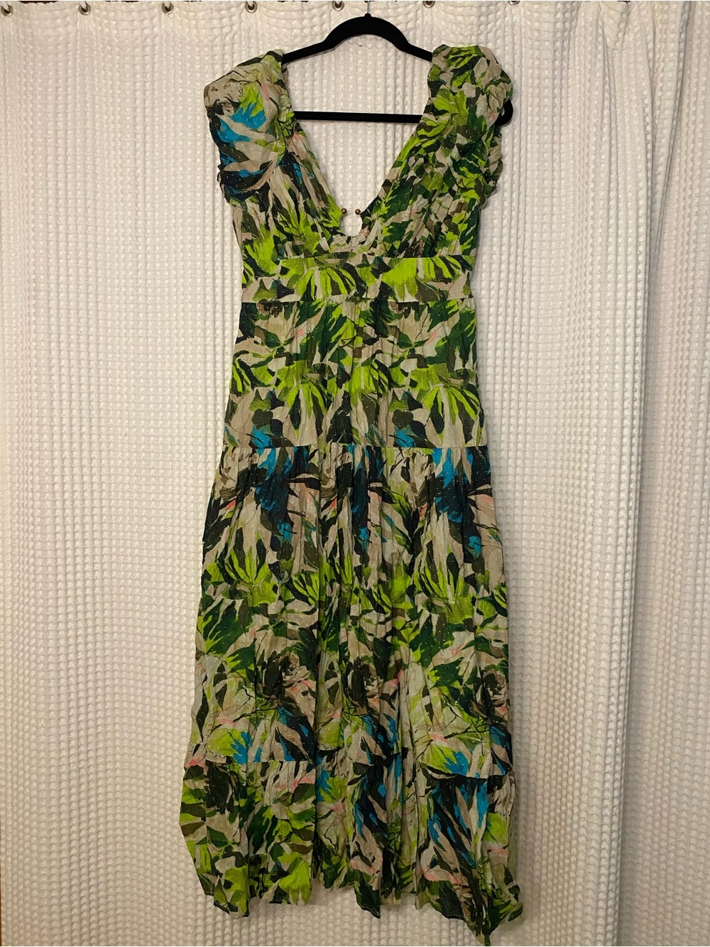 Anthropologie Love the Label Tropical Print Tiered Eyelet Midi Dress S